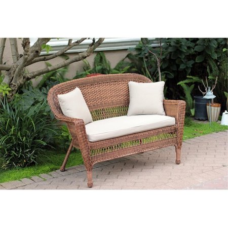 JECO Honey Wicker Patio Love Seat With Tan Cushion And Pillows W00205-L-FS006-CL